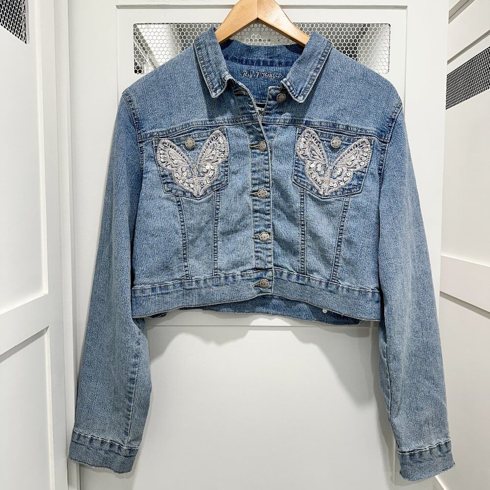 Vintage Light Wash Y2K Soft Cropped Butterfly Jean Jacket Button Sequins